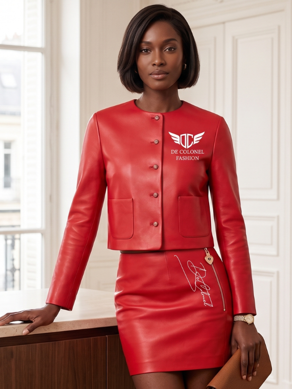 DC Red Luxe Leather Co-Ord Set – Women’s Jacket & Mini Skirt